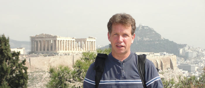 Ken curtis posing in front of the acropolis. March 2010 Athens greece