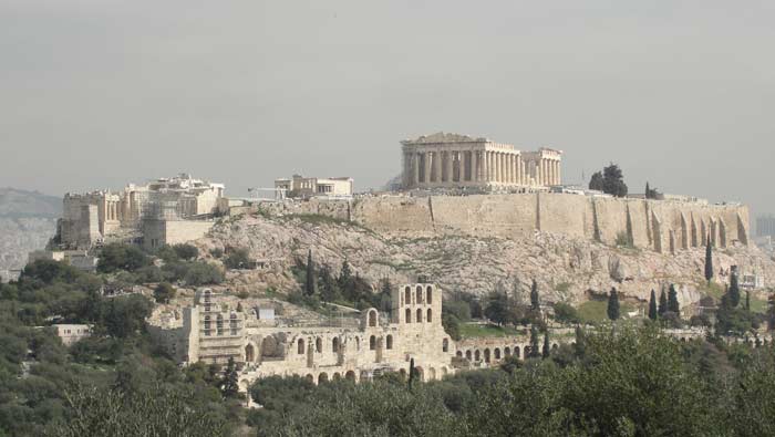 Beautiful view of the Acropolis lit up by the sun. March 2010